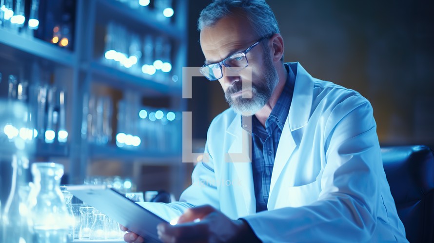 Scientist in lab. Confident mature man in lab coat and eyeglasses using digital tablet while working in the lab