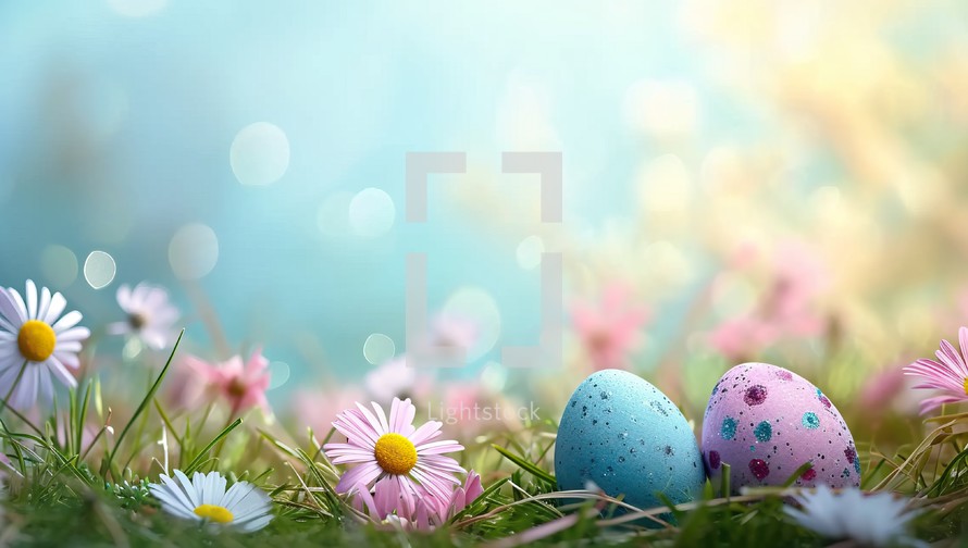 Easter eggs on green grass with daisies and bokeh