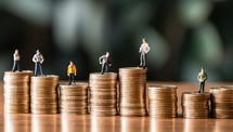 Miniature people. Businessman standing on stack of coin, business and finance concept.