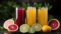 Variety of fresh juices in glasses on dark background, close up