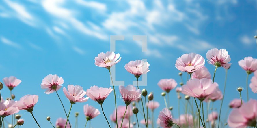  Blooming Pink Cosmos Flowers Under a Clear Blue Sky