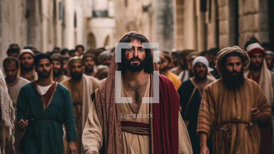 Jesus walking through ancient jerusalem with his disciples