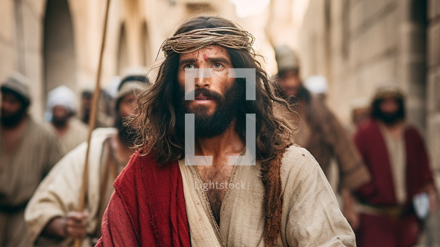 Jesus wearing the crown of thorns walking through ancient Israel