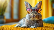 Adorable Bunny Wearing Pink Sunglasses on Yellow Blanket