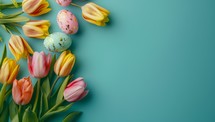 Easter eggs and tulips on turquoise background with copy space