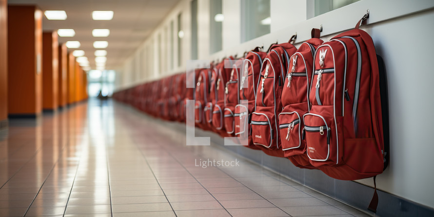 Row of red school backpacks in the corridor of the school.