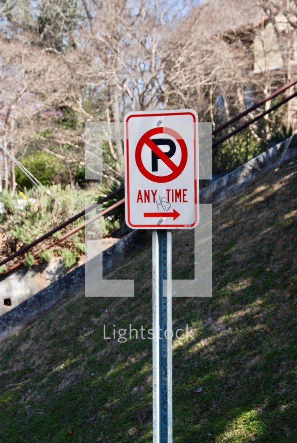 No Parking Anytime sign on a hill 