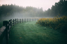 fence line in a foggy pasture 
