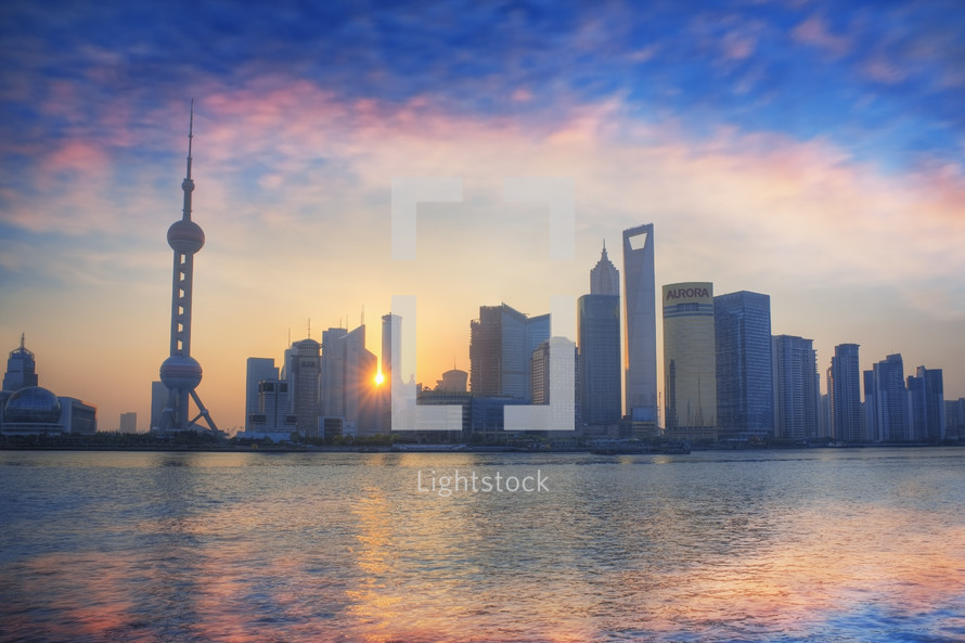 Pudong skyline at sunrise, from the Bund. Shanghai
China. Asia.- editorial use only