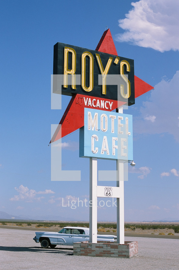 Roy's motel cafe, vacancy, and vintage car along route 66 