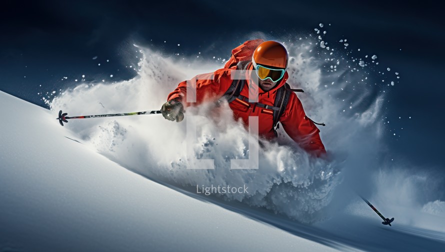 Skier in red helmet and goggles skiing downhill.