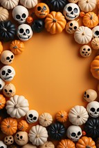 Frame made of Halloween pumpkins on orange background, top view. Space for text