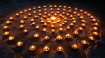 Circular pattern of lit oil lamps or diyas. Diwali festival of lights concept.