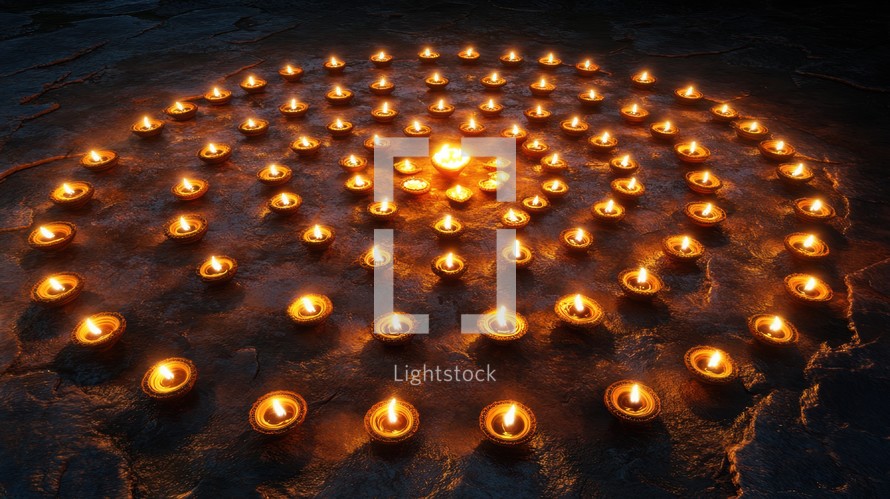 Circular pattern of lit oil lamps or diyas. Diwali festival of lights concept.