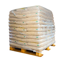 Pallets of wood pellets in plastic bags isolated on white background.
