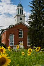 church and field of sunflowers 