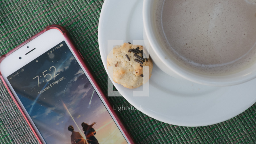 iPhone, latte, and cookie 