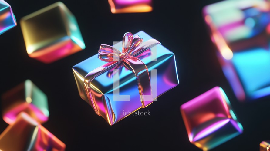 Colorful gift boxes floating on a black background. Concept of celebration, holiday, birthday, surprise.