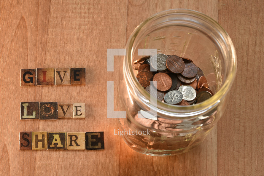 give love share and jar of coins 