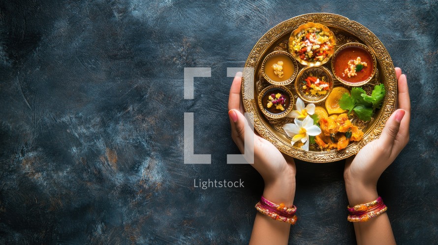 Traditional Indian Thali served on a brass plate, overhead view. Concept of Indian cuisine, culture, and festival.