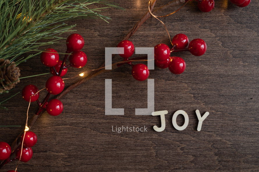 red berries and fairy lights on a wood background and word joy 