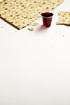 Broken unleavened cracker and a communion cup filled with wine