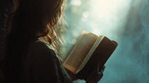 A young woman reading with a light coming through in the background