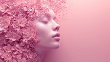 woman face with pink flowers in her hair