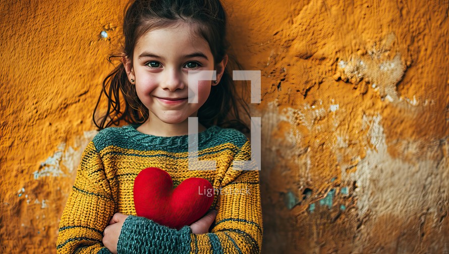 Child holding a red heart against a textured wall