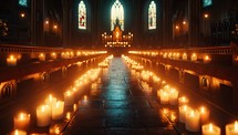 Illuminated church interior with candles