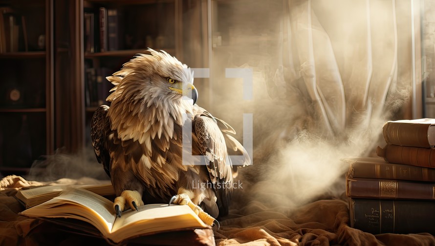 Bald Eagle sitting on a bookshelf and reading a book