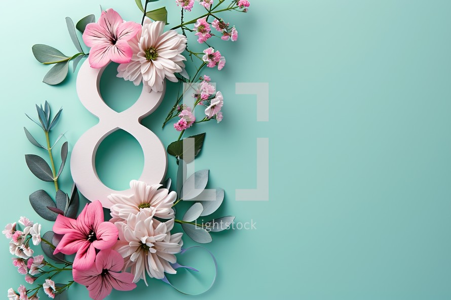Flowers composition. Greeting card for Womens day or 8 march. Flat lay, top view