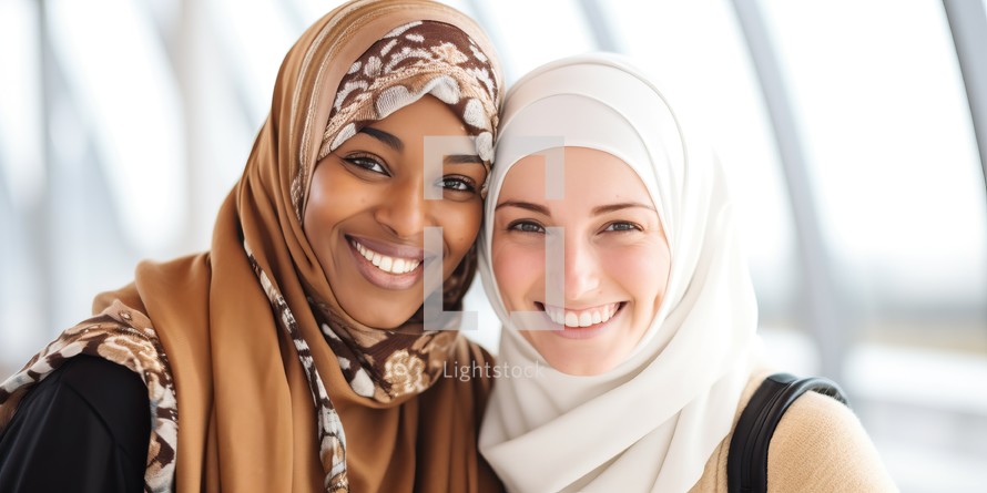 Portrait of two young muslim women in hijab smiling at camera