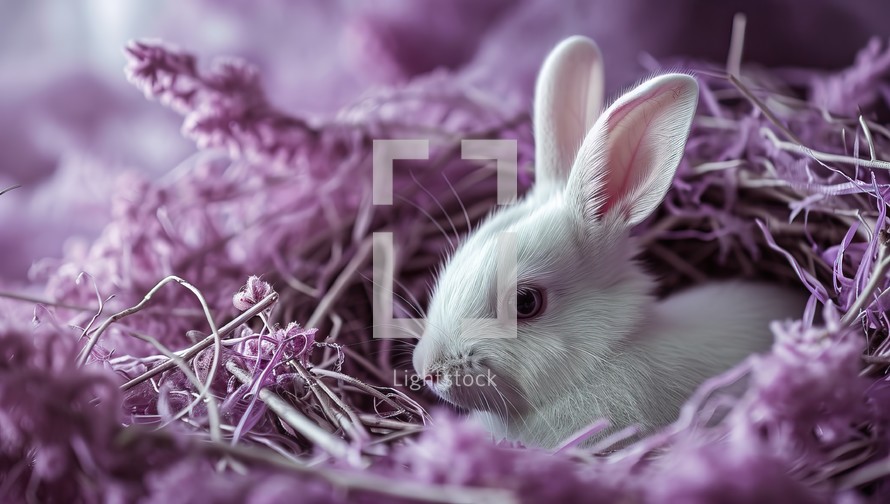 Cute little white rabbit on a purple background. Selective focus.
