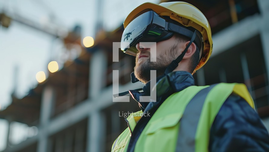 Low angle view of engineer in helmet using virtual reality on construction site