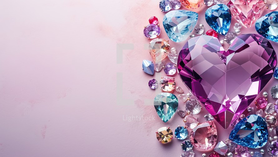 Radiant heart shaped gem surrounded by colorful gems on a pink background