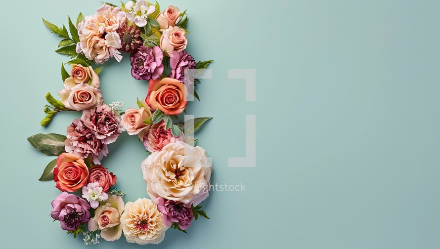 Floral Arrangement Forming Number Eight on Turquoise Background, woman day concept