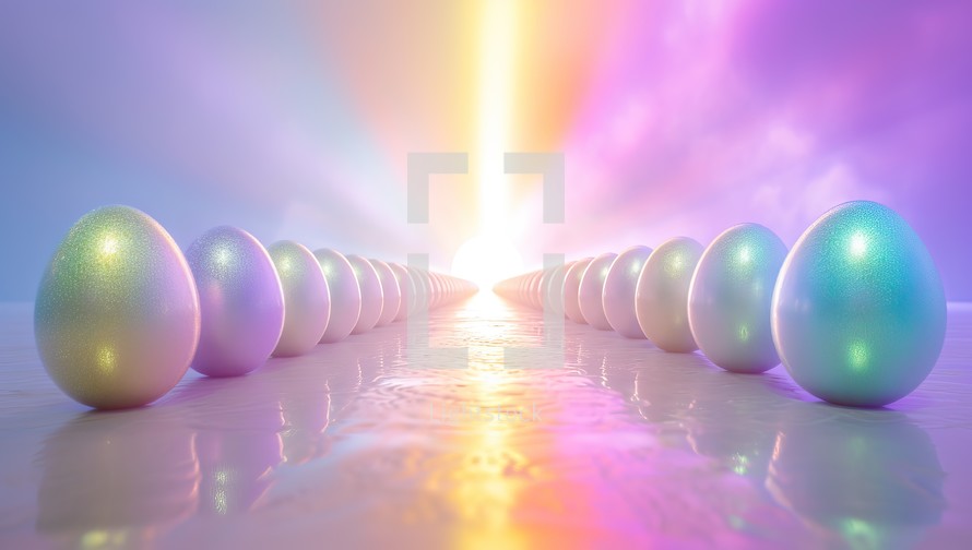 Easter eggs in a row. 3D render of an Easter background