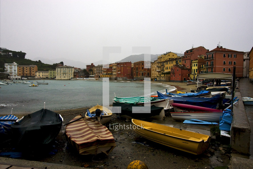 boats on the shore of the village Sestri Levante 