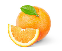 Orange fruit with green leaf isolated on white