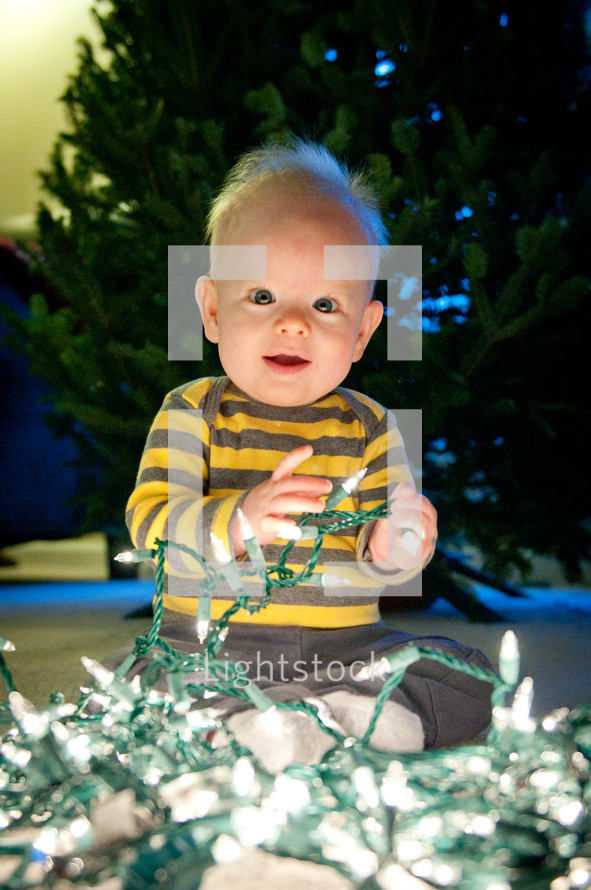 toddler boy playing with Christmas lights