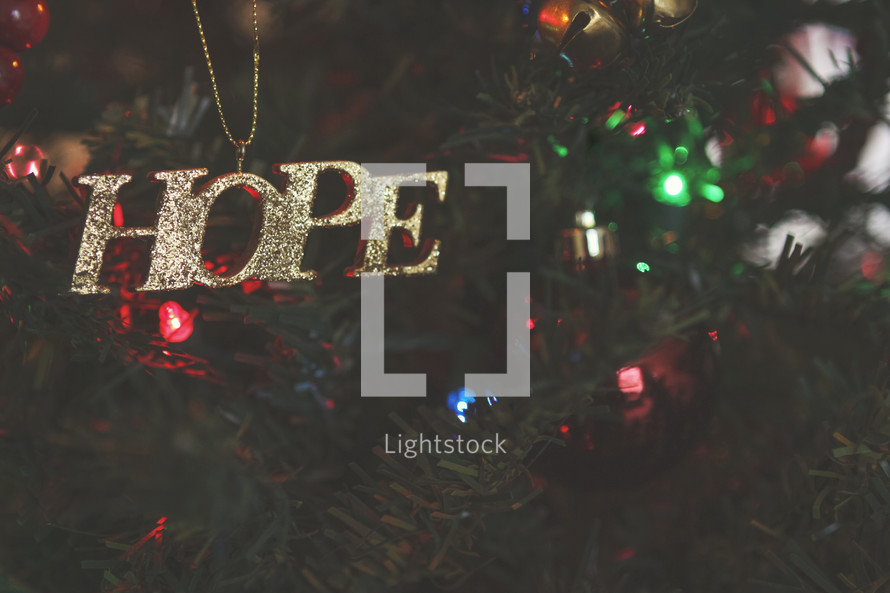 Hope ornament on a Christmas tree 