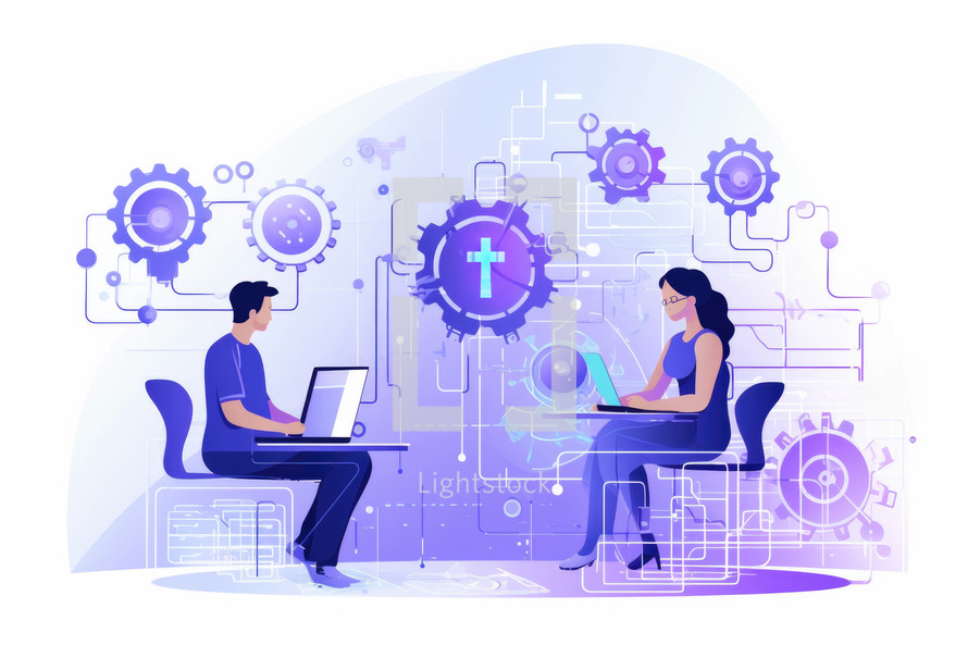 Bible Study. Man and woman working on computer. Teamwork concept. Vector illustration