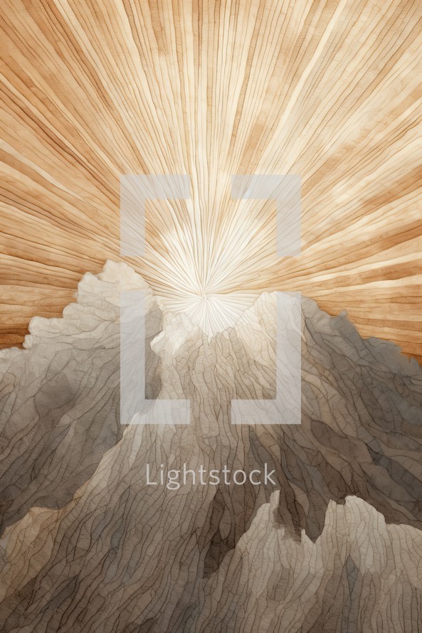 Illustration of a mountain landscape with rays of light coming through it