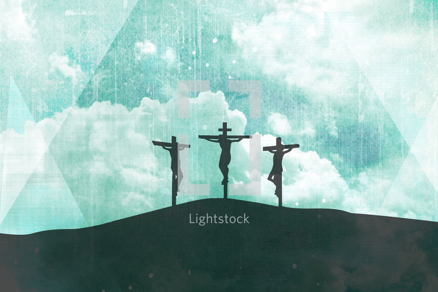 Crucifixion Silhouette Three Crosses Easter Sunday on Abstract Sky Clouds Light Grunge Distress Background 