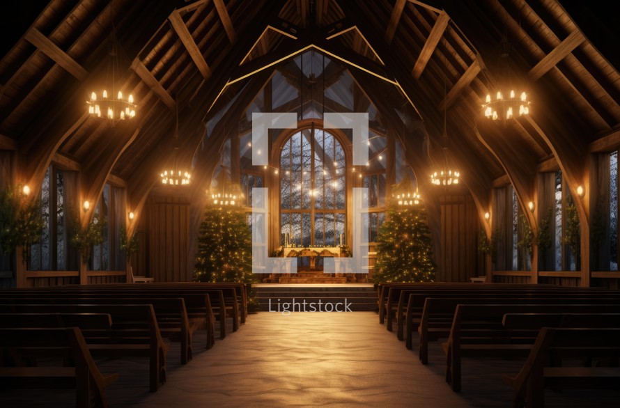 Church interior with christmas tree and lights