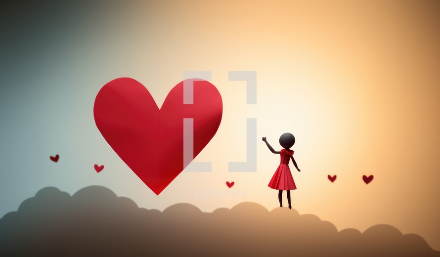 Red paper heart and woman on sky background
