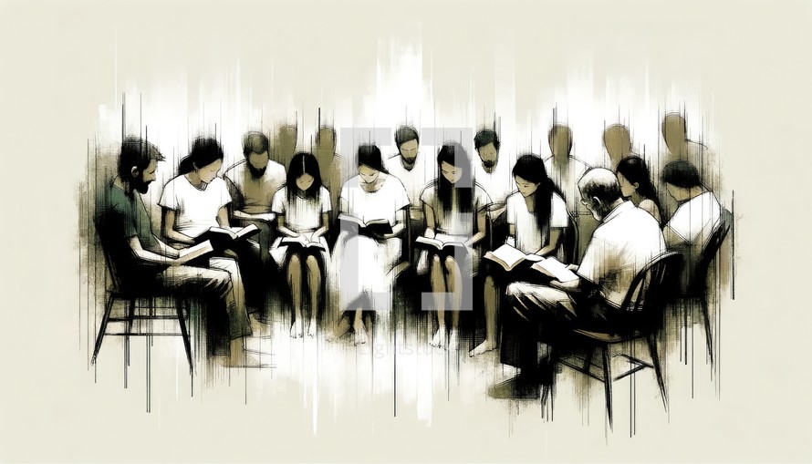 Black and white Iillustration of Bible Study. A group is reading the scripture