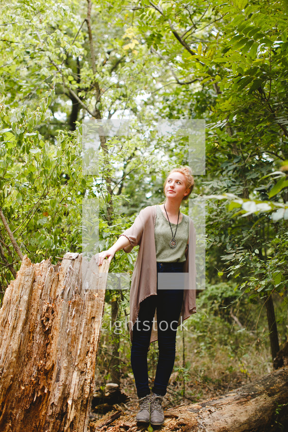 red head, bun, standing, forest, trees, outdoors