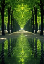 beautiful green alley in the park with trees and reflections in water